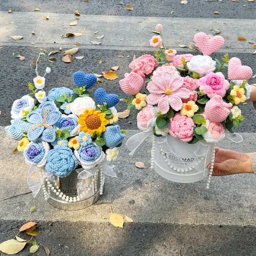 母亲节创意针织毛线混搭玫瑰郁金香仿真花抱抱桶女友妈妈生日礼物