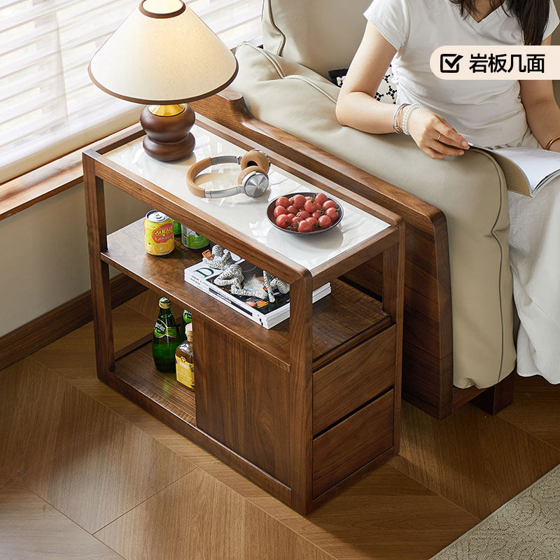 北美黑胡桃木岩板边几北欧实木沙发边柜边几家用小户型角几小桌子