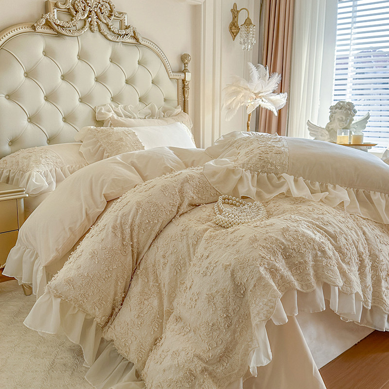 轻奢法式蕾丝全棉四件套公主风纯棉宫廷花边被套高级感床单床笠款