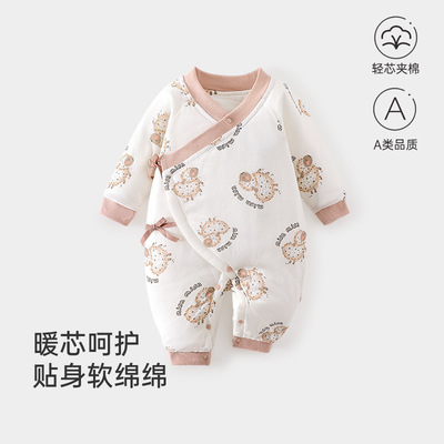 婴儿衣服秋冬季夹棉连体衣新生儿宝宝a类斜襟系带和尚服安阳婴童