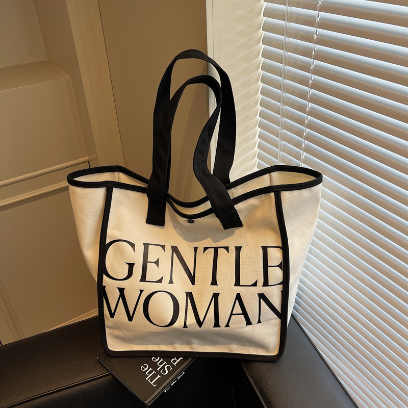 Gentlewoman撞色大容量手提帆布包包2025新款文艺字母简约单肩包
