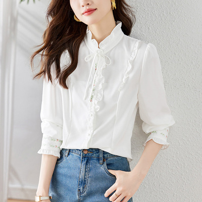 长袖雪纺衬衣上衣秋季刺绣设计感