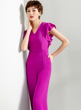 2021夏季新款连体裤女V领修身紫色玫红阔腿长裤直筒裤荷叶边袖超