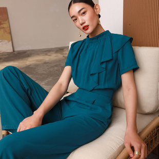 2024新款春夏女连体裤孔雀蓝高腰阔腿长裤设计感显瘦高级感高小个