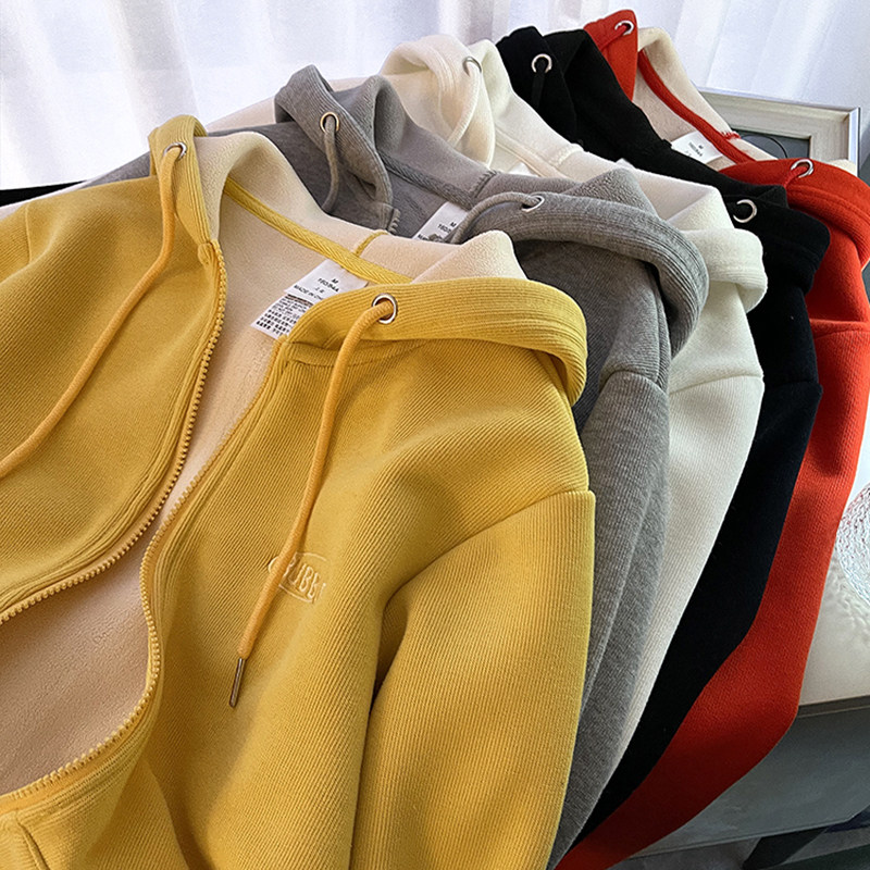 开衫拉链外套女连帽衫宽松卫衣2023秋冬新款长袖刺绣字母韩版上衣