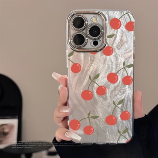 手绘樱桃适用iPhone华为小米vivo荣耀红米OPPO苹果一加15魅族手机壳软防摔全包男女新款17Promaxmate60k80s19