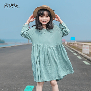 蔡爸爸女童装清新翻领裙子长袖人棉儿童连衣裙防晒夏装中童裙786
