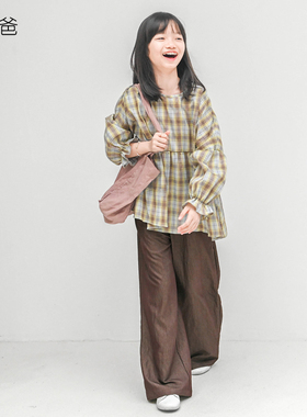 蔡爸爸童装2026春秋装全棉格子衬衫女大童圆领长袖上衣服126+938