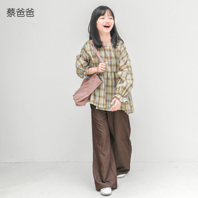 春秋装女童全棉格子圆领长袖衬衫