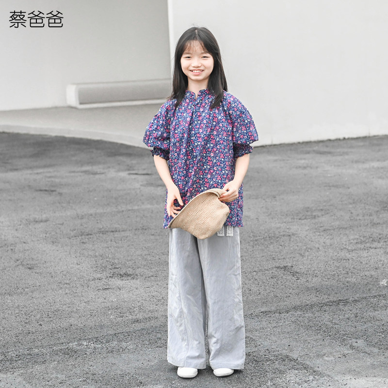 蔡爸爸童装气质印花短袖衬衫女大童夏季蓝色花上衣服379+933+982