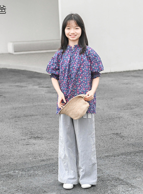 蔡爸爸童装气质印花短袖衬衫女大童夏季蓝色花上衣服379+933+982