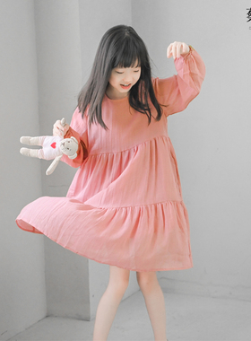 蔡爸爸童装粉色长袖连衣裙小个子女装纯苎麻文艺宽松裙子春秋1330