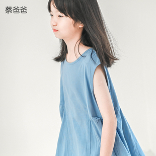 蔡爸爸童装薄款蓝色背心文艺夏季小个子女装休闲背心上衣691+331
