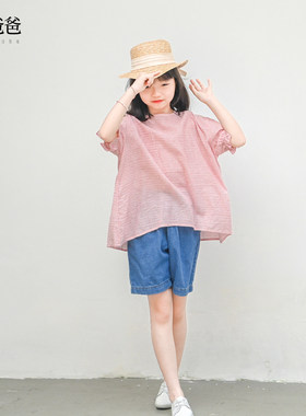 夏装女大童时髦红白条纹圆领上衣