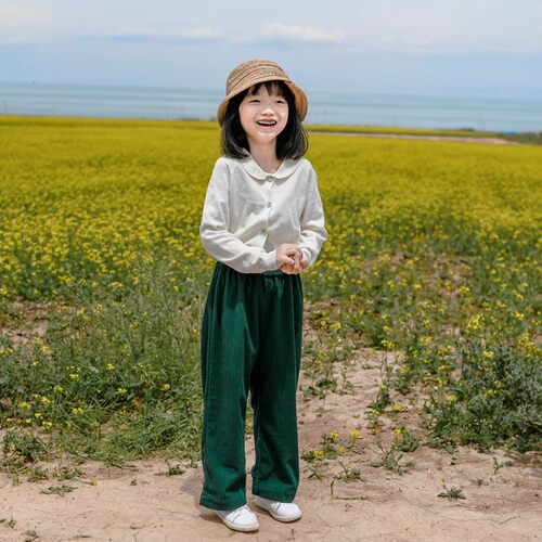 儿童阔腿裤子长裤绿色灯芯裤