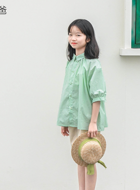 蔡爸爸童装新款夏装翻领衬衫女童绿色条纹纯棉上衣服283+163+637