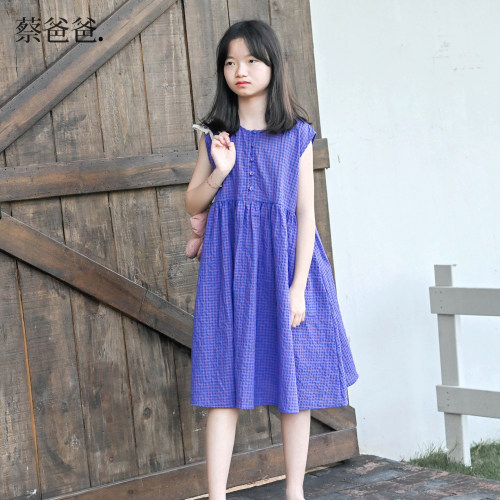夏装女童无袖格子公主紫色背心裙