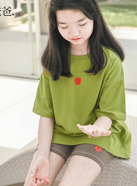 蔡爸爸童装绿色短袖T恤新品夏季大童女孩苹果纯棉上衣服012+203