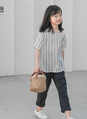 蔡爸爸童装 时尚百搭夏季女童条纹上衣 纯棉灰色短袖上衣251+816