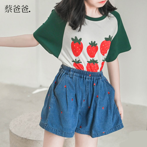 蓝色牛仔短裤夏装女童草莓热裤