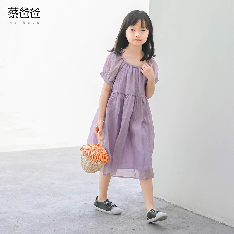 蔡爸爸童装第289个童话2024新款夏装文艺女童连衣裙短袖夏季紫裙