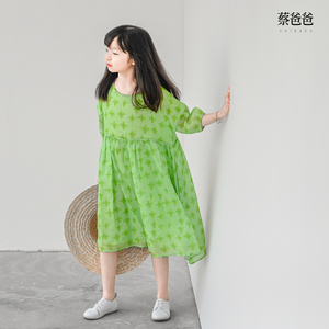 蔡爸爸童装夏装宽松连衣裙女大童裙子纯苎麻绿色碎花中袖裙子124