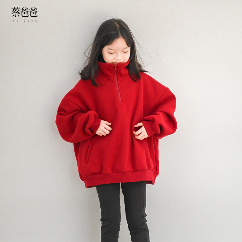 冬通用红色立领宽松大卫衣