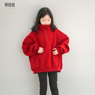 1329 男女学生红色立领圣诞大卫衣A23 蔡爸爸童装 新年加厚加绒冬装