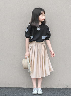 蔡爸爸童装新款夏装短袖上衣女大童黑色显瘦针织衫秋装A60+935