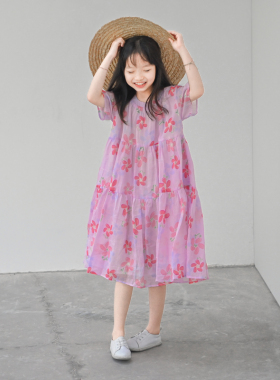 蔡爸爸童装夏装女童连衣裙大童洋气裙子纯苎麻粉红花朵连衣裙 971