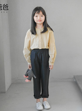 全棉春秋圆领长袖上衣杏色衬衫