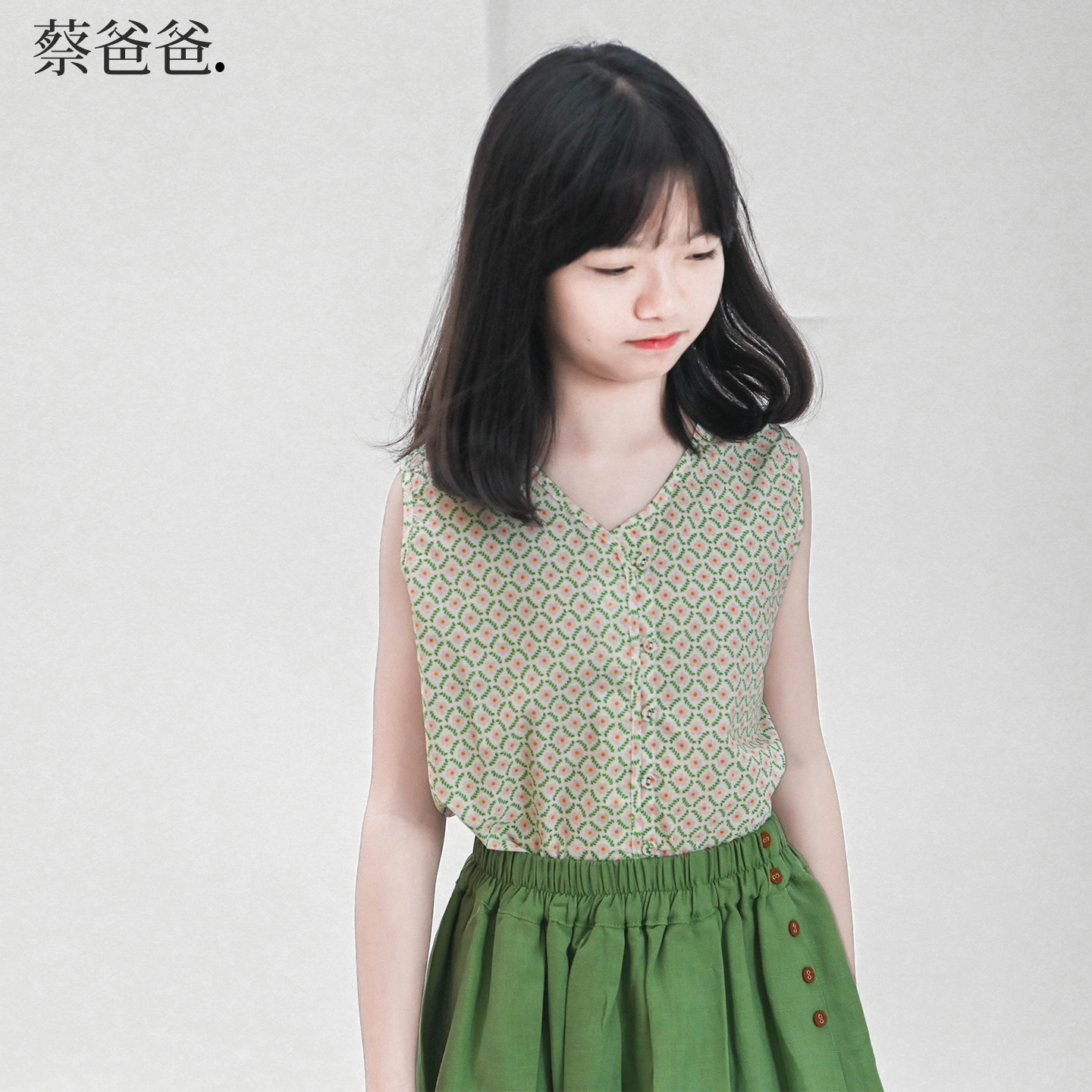 蔡爸爸童装文艺莱赛尔半身裙新品夏装中童女孩A字裙子绿色518+587