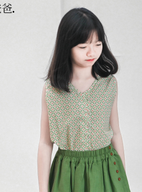 蔡爸爸童装亚麻文艺半身裙新品夏装中大童女孩A字裙子绿色518+587