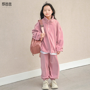蔡爸爸童装羊羔绒粉色卫衣2026秋冬装女大童时尚少女休闲套装096