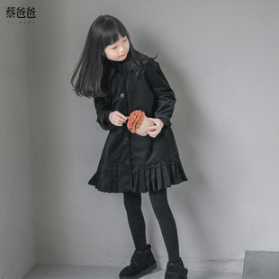 蔡爸爸女童装黑色灯心绒外套冬装中大童连衣裙洋气百褶裙子1017
