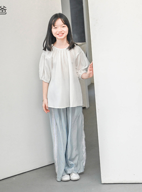 蔡爸爸童装新款夏装白色上衣女童百搭天丝麻透气衣服少女517+193