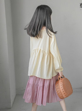 蔡爸爸原创设计童装 春秋款少女宽松 长袖t恤米白上衣服1328+1308