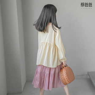 蔡爸爸原创设计童装 春秋款少女宽松 长袖t恤米白上衣服1328+1308