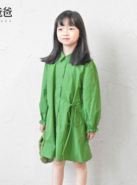 蔡爸爸原创童装2026新款秋装女童全棉连衣裙绿色翻领衬衫裙子A71