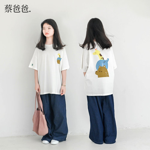 夏季女童卡通动物白色短袖t恤