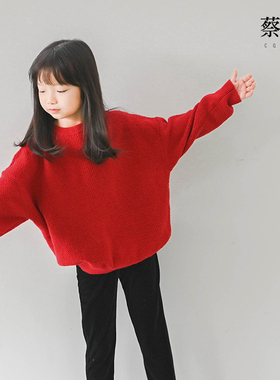 蔡爸爸童装冬款男女童套头衫纯棉厚款毛衣红色圣诞新年1367+1199