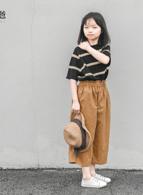 蔡爸爸童装女大童针织上衣新款夏装半袖黑色条纹棉麻衣服005+236