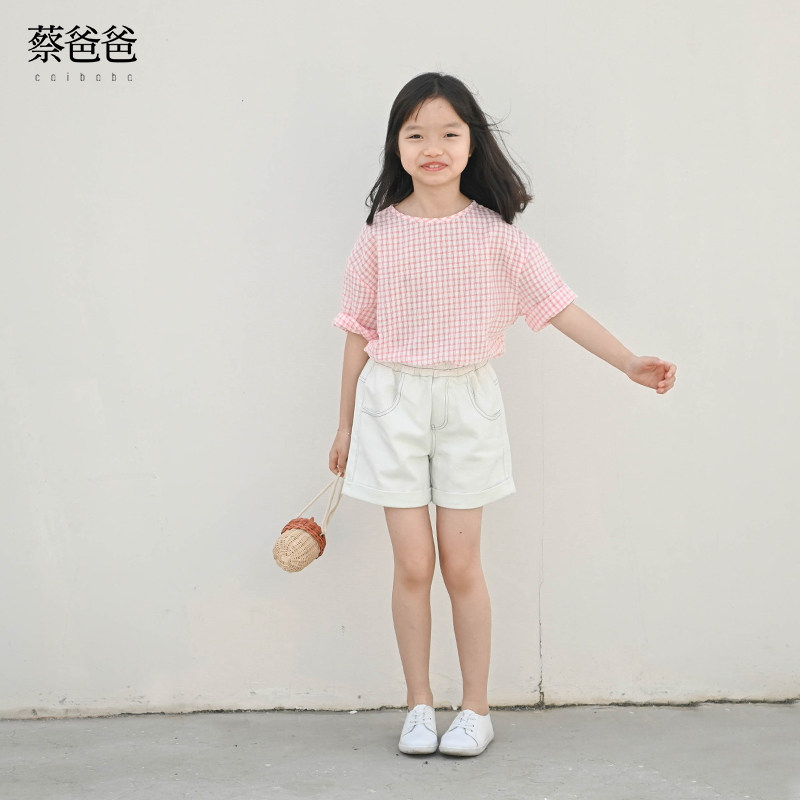 蔡爸爸童装 夏款五分袖t恤 女童全棉上衣 红白格子衣服387+776