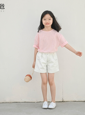 蔡爸爸童装 夏款五分袖t恤 女童全棉上衣 红白格子衣服387+776