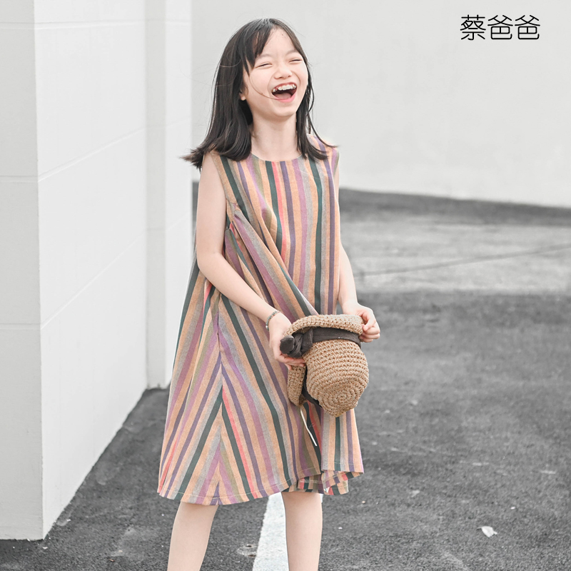 夏装文艺条纹连衣裙无袖背心裙