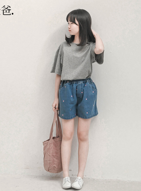 蔡爸爸童装新品夏季粉色花朵短裤小个子女装文艺牛仔裤子682+583