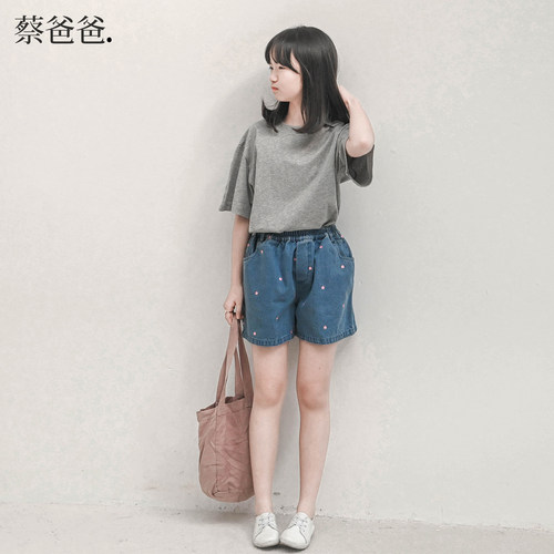 夏季粉色花朵短裤女装文艺牛仔裤