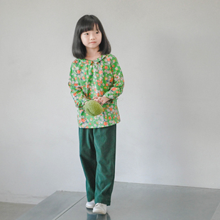 蔡爸爸童装 长袖 T恤文艺女孩衣服128 963 小清新绿色碎花上衣春秋装