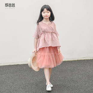 上衣 女大童短袖 v领粉色小衫 637 夏装 185 中式 蔡爸爸原创童装