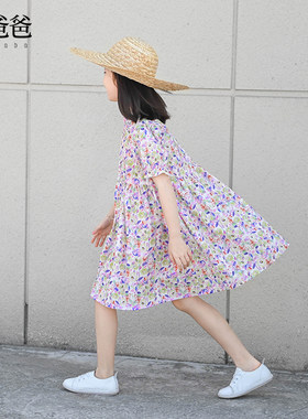 女童夏短袖全棉碎花连衣裙立领